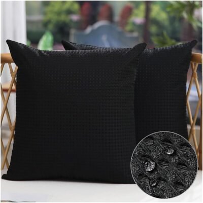 Outdoor Pillow Covers 18X18 Inch Set of 2 Black Waffle Textured Polyester Pillow Covers Spring Summer Outdoor Waterproof Decor for Patio Furniture Garden