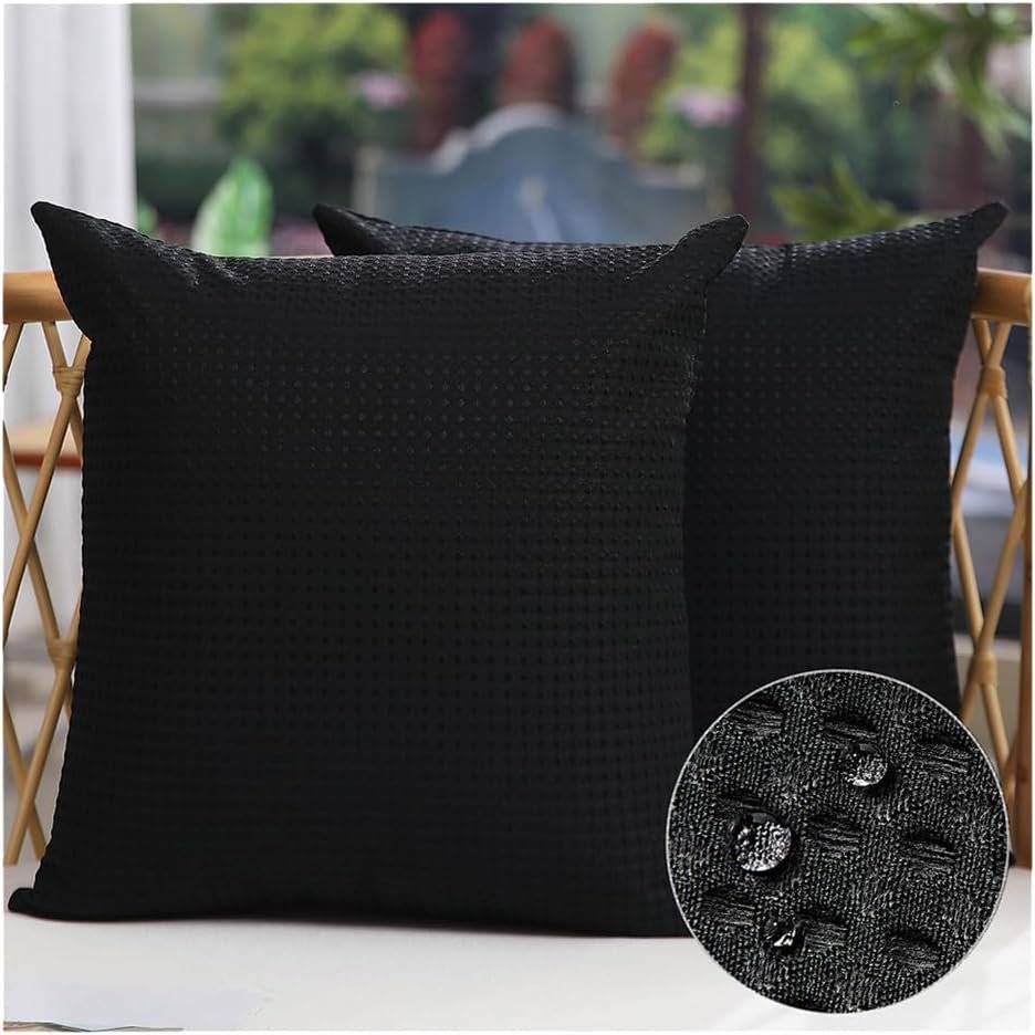 Outdoor Pillow Covers 18X18 Inch Set of 2 Black Waffle Textured Polyester Pillow Covers Spring Summer Outdoor Waterproof Decor for Patio Furniture Garden