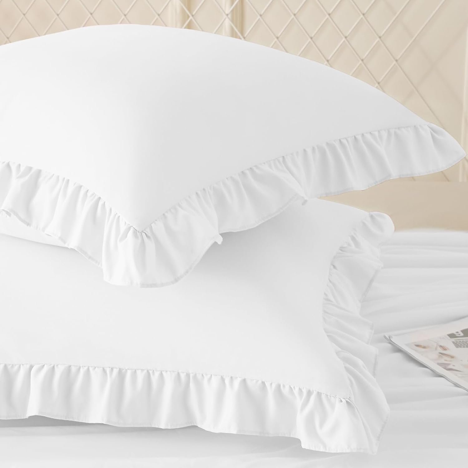 Ruffle Pillow Cases 18x18 Inches, White Square Ruffled Pillow Covers Set of 2, Microfiber Wrinkle Resistant Pillow Shams with Envelope Closure for Sofa Bed Living Room - Image 2