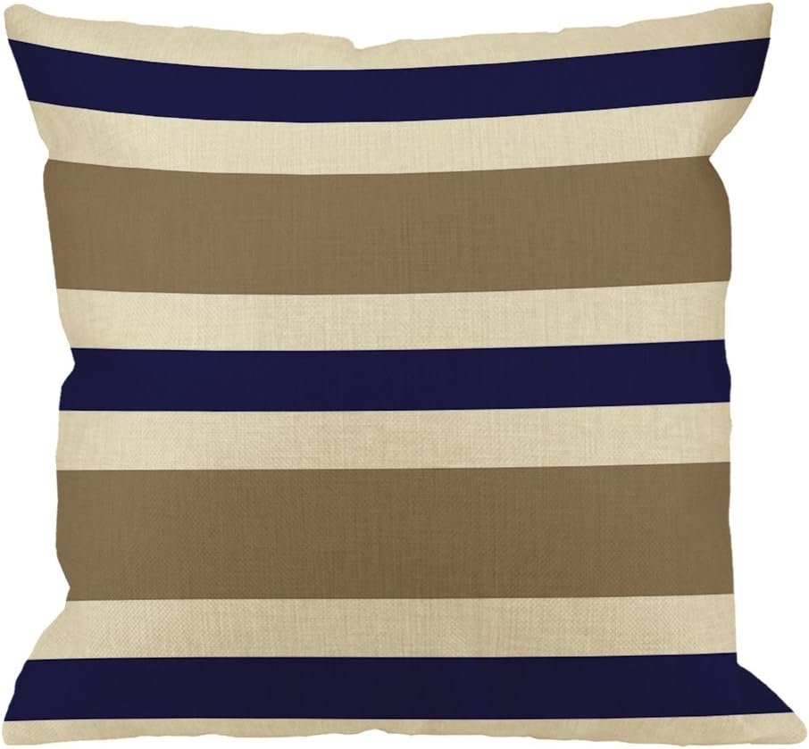 Throw Pillow Cover Beige Navy Blue and White Cotton Linen Square Cushion Cover Standard Pillowcase for Men Women Home Decorative Sofa Armchair Bedroom Livingroom 18 x 18 inch