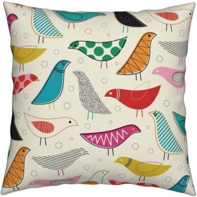 Midcentury Modern Simple Lines Colorful Bird Flax Cotton Hidden Zipper Throw Pillow Covers 26x26 in (Two Sides)