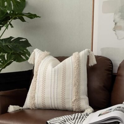 Boho Decorative Throw Pillow Cover, 18 x 18  Cute Pillowcase Minimalist Neutral Collection Cream White Tufted with Tassels Woven Square Cushion Cover for Sofa Couch Bedroom Living Room
