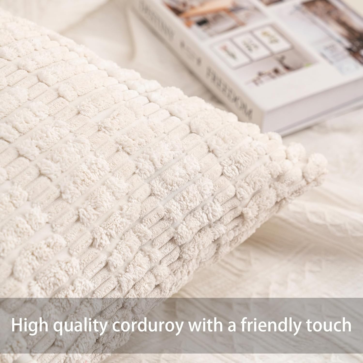 Pack of 2 Corduroy Decorative Throw Pillow Covers 18x18 InchSoft Boho Striped Pillow Covers Modern Home Decor for Sofa Living Room Couch Bed(Cream White) - Image 2