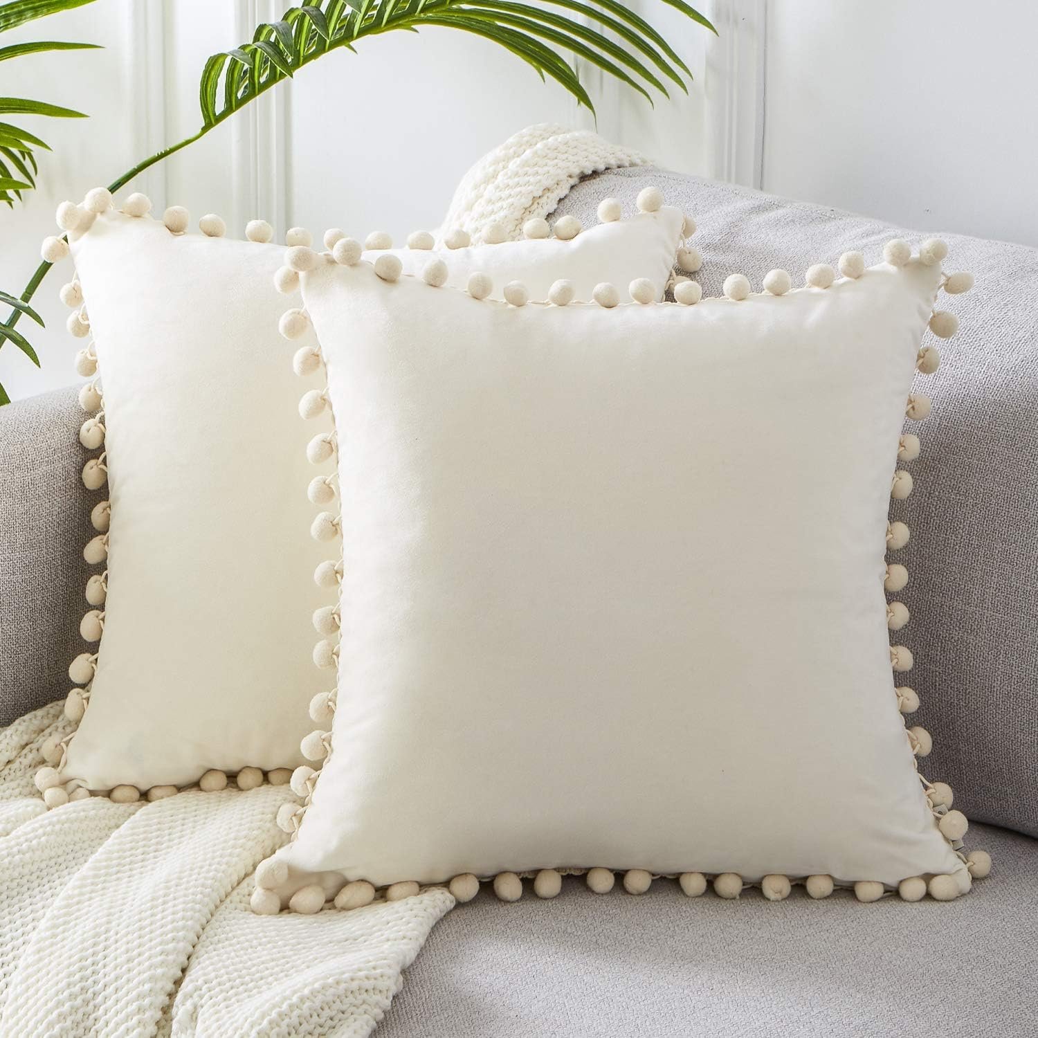 Cream White Throw Pillow Covers 20x20 inches Set of 2, Soft Velvet Couch Pillow Covers with Pom Poms Sofa Pillow Decorative Cushion Cases for Livingroom Bedroom Home Decor