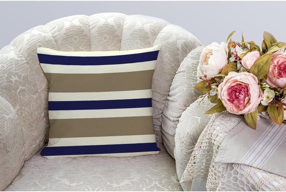 Throw Pillow Cover Beige Navy Blue and White Cotton Linen Square Cushion Cover Standard Pillowcase for Men Women Home Decorative Sofa Armchair Bedroom Livingroom 18 x 18 inch - Image 2