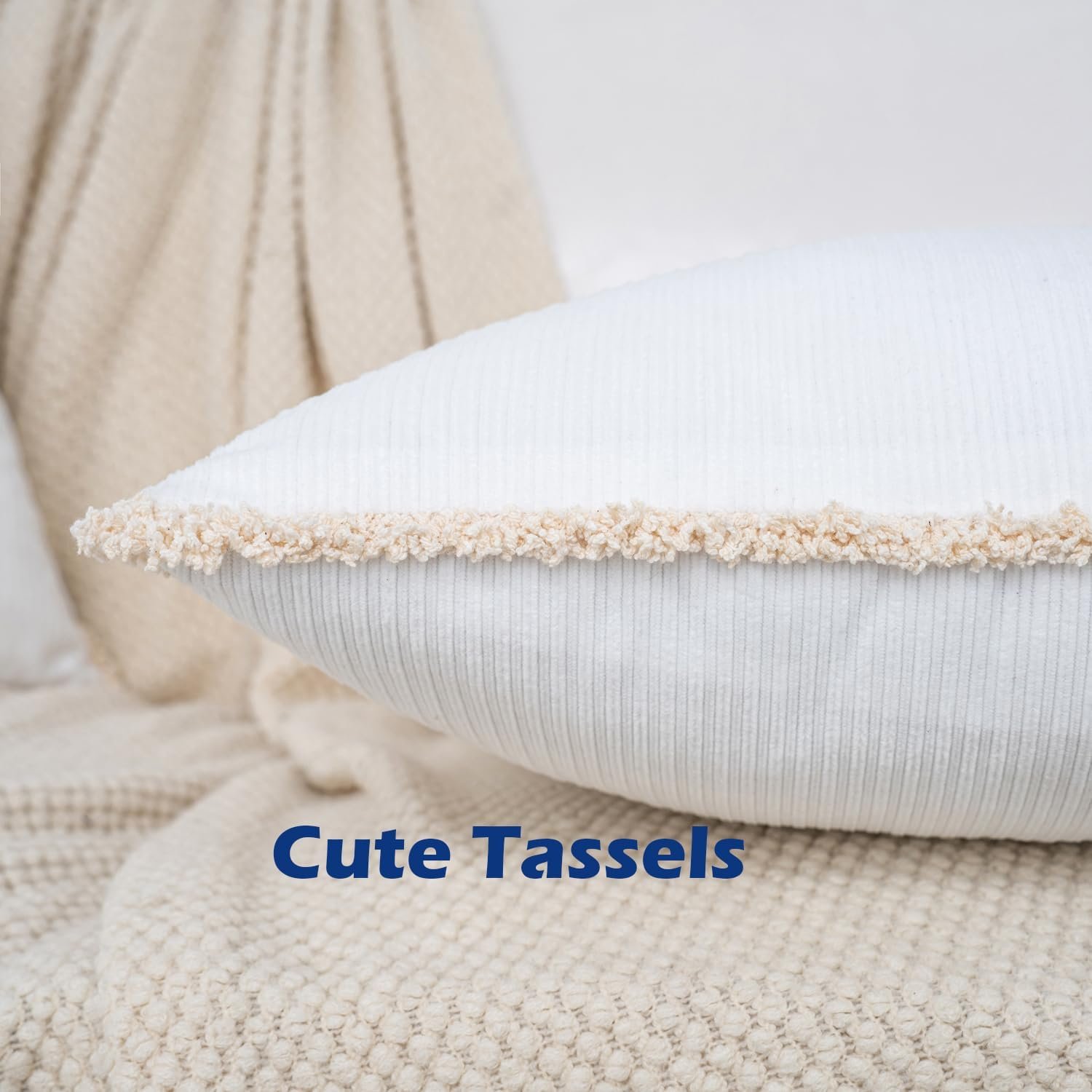 Pillow Covers 16x16 Inch with Tassels Fringe, Pack of 2, Soft Boho Farmhouse Cushion Cases for Couch Sofa Bed Living Room - Image 2