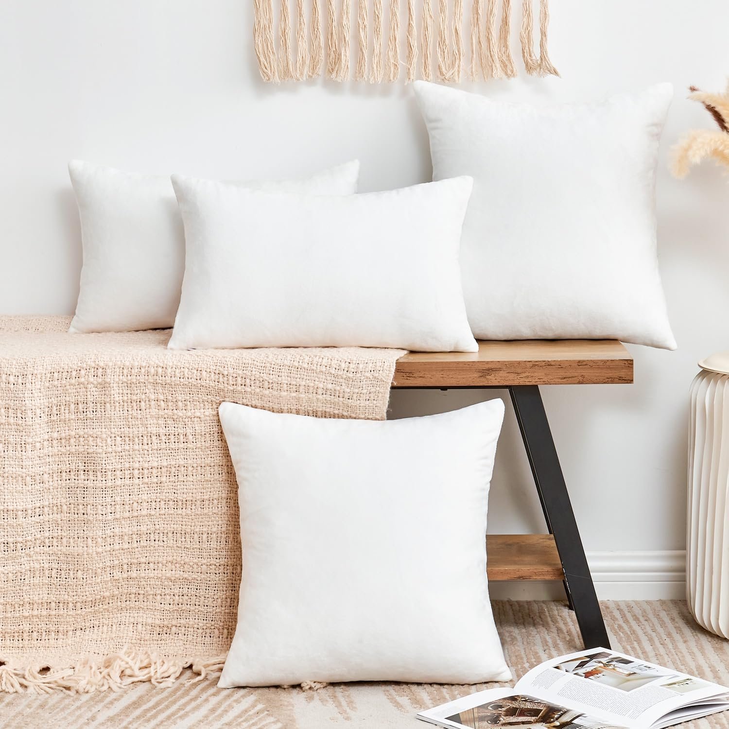Throw Pillow Covers White Decorative Velvet Set of 2 18x18 Inch Pillow Covers, Soft Pillow Covers for Couch Sofa Bed Living Room, Farmhouse Neutral Home Boho Decor, Square Accent Cushion Cases - Image 2