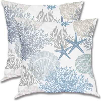 Coastal Throw Pillow Cover 18X18 Inch Pack of 2,Summer Ocean Themed Pillow Covers Square Cotton Seashell Starfish Beach Pillow Cases Cushion for Bedroom Home Sofa Decoration