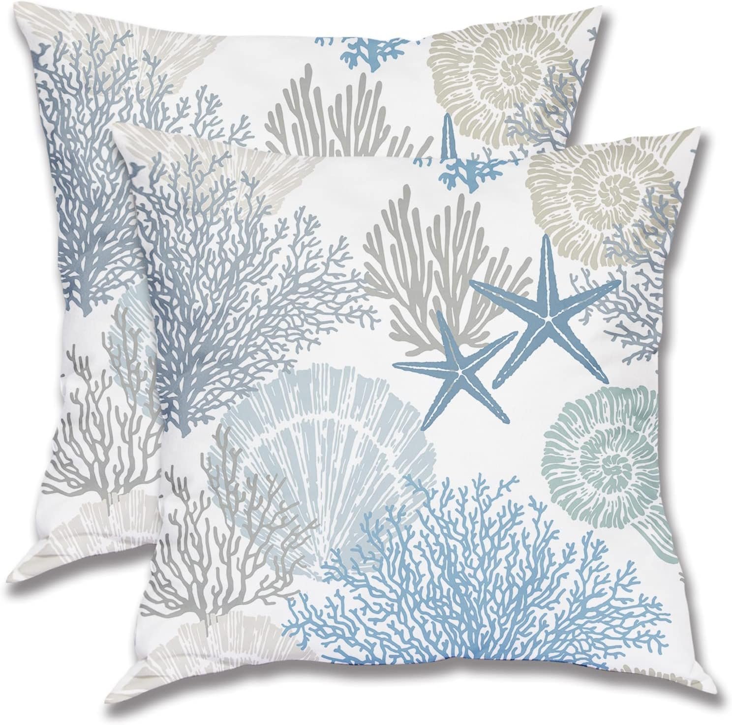 Coastal Throw Pillow Cover 18X18 Inch Pack of 2,Summer Ocean Themed Pillow Covers Square Cotton Seashell Starfish Beach Pillow Cases Cushion for Bedroom Home Sofa Decoration