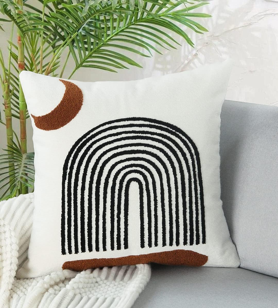Modern Boho Throw Pillows 18x18 Inches,Soft Woven Tufted Pillow Covers Square,Abstract Moon Pillow Case for Sofa Bedroom Living Room 1 Pcs