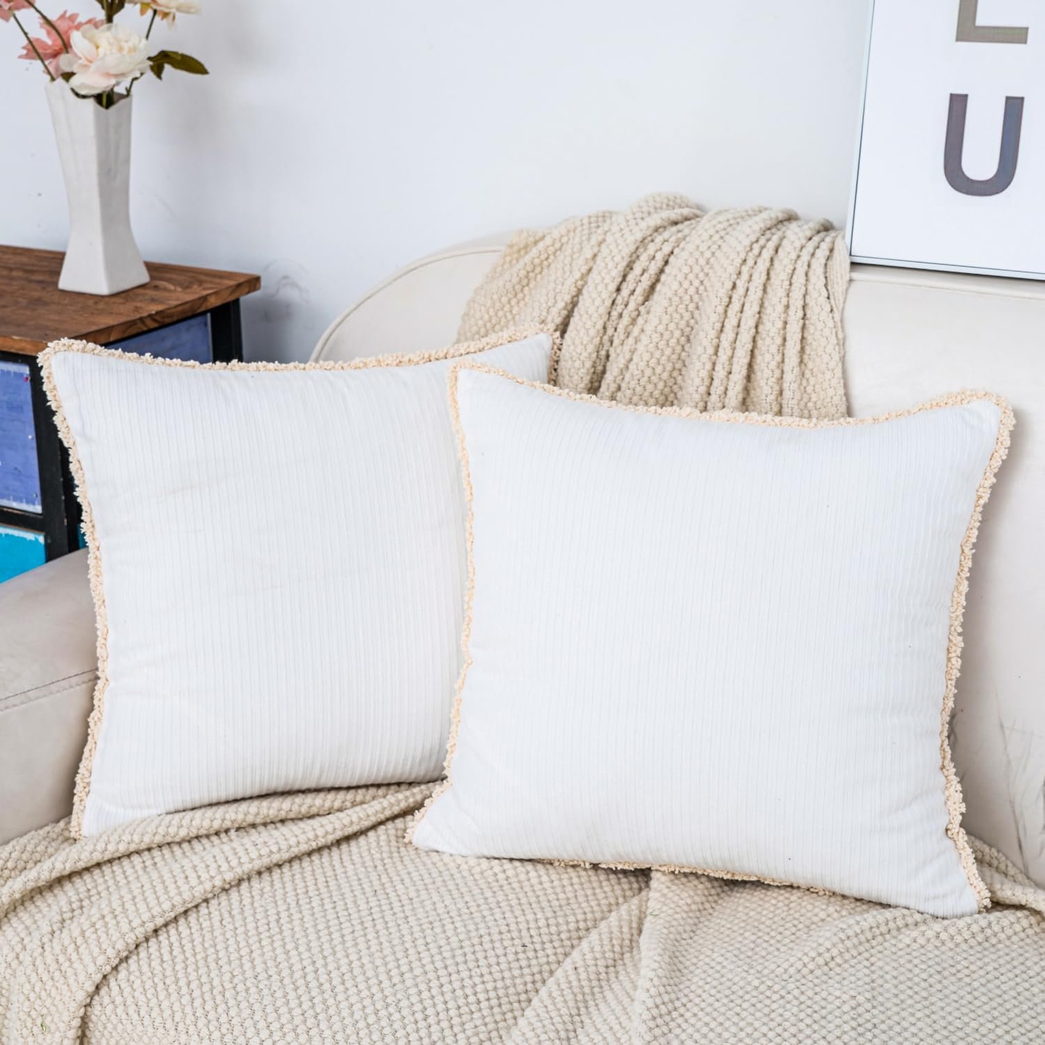 Pillow Covers 16x16 Inch with Tassels Fringe, Pack of 2, Soft Boho Farmhouse Cushion Cases for Couch Sofa Bed Living Room