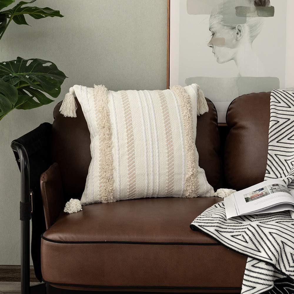 Boho Decorative Throw Pillow Cover, 18 x 18 Cute Pillowcase Minimalist Neutral Collection Cream White Tufted with Tassels Woven Square Cushion Cover for Sofa Couch Bedroom Living Room - Image 2