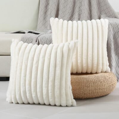 Cream White Striped Decorative Throw Pillow Covers 18x18 Inch Set of 2,Square Spring Decorations Couch Pillow Case,Soft Cozy Faux Rabbit Fur & Velvet Back,Modern Home Decor for Bed