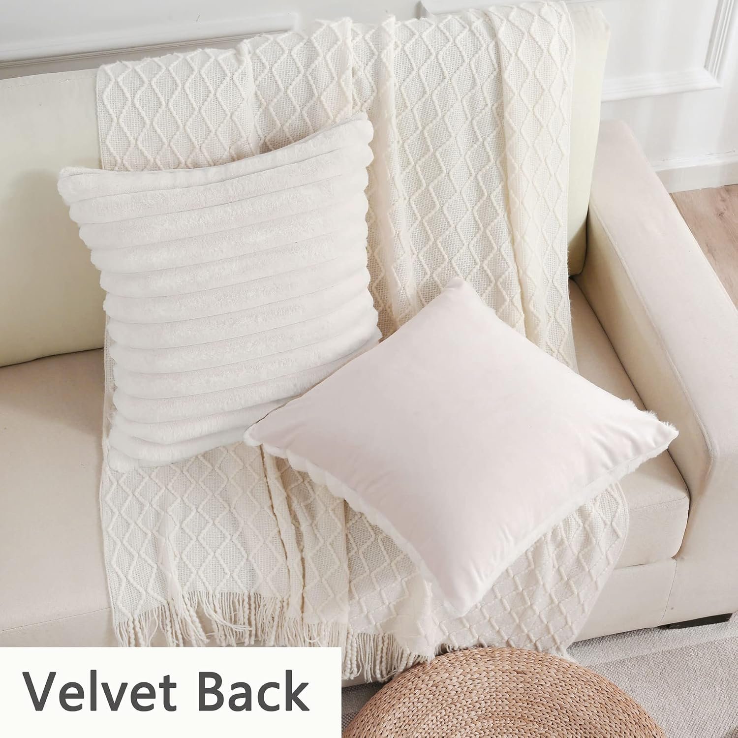 Cream White Striped Decorative Throw Pillow Covers 18x18 Inch Set of 2,Square Spring Decorations Couch Pillow Case,Soft Cozy Faux Rabbit Fur & Velvet Back,Modern Home Decor for Bed - Image 2