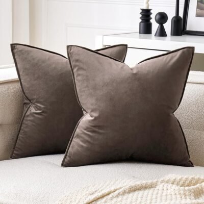 Pack of 2 Decorative Velvet Throw Pillow Cover Soft Pillowcase Solid Square Eruo Sham Cushion Case for Sofa Bedroom Car 24x24 Inch 60x60 Cm Dark Coffee