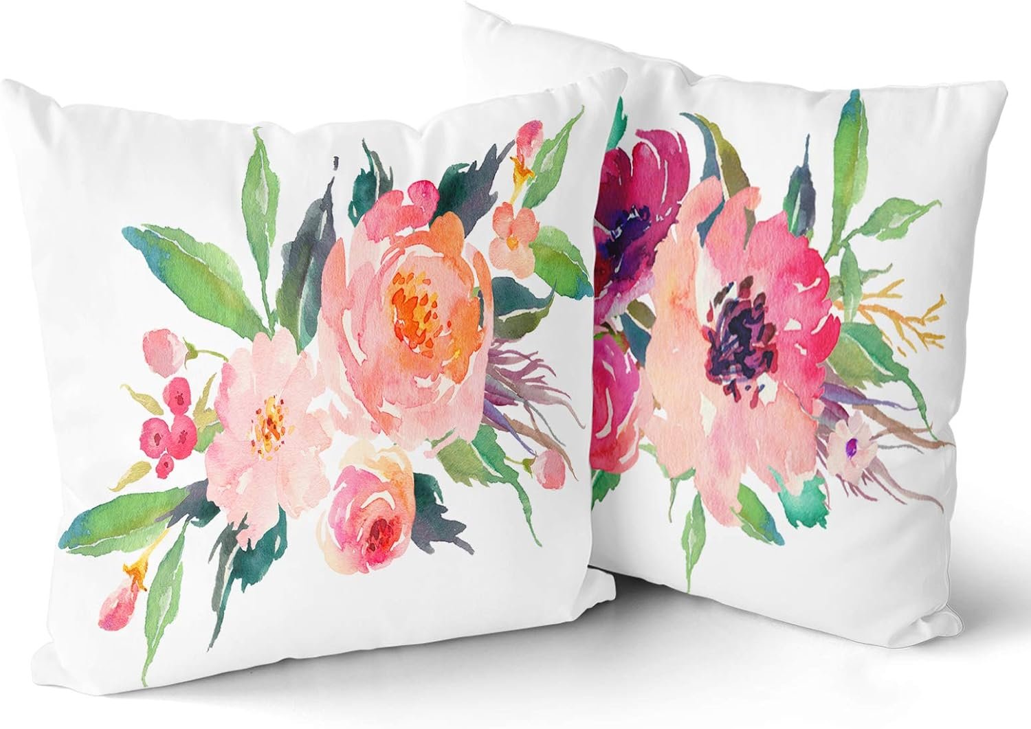 Set of 2 Throw Pillow Covers Watercolor Floral Pink Flower Decorative Pillow Cases Home Decor Square 18x18Inches Pillowcases