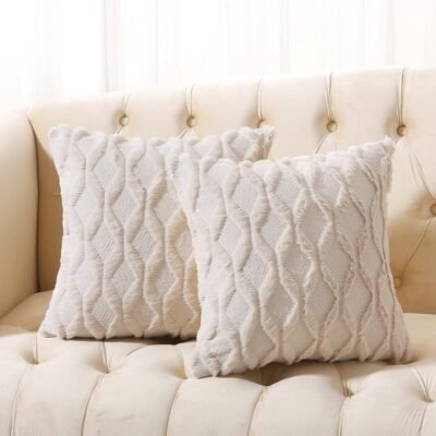 Pack of 2 Faux Wool Throw Pillow Covers 20x20 Inches Decorative  Velvet Couch Pillow Case Soft Plush Square Boho Cushion Pillowcase, Embroidery, Geometric, Home, Beige