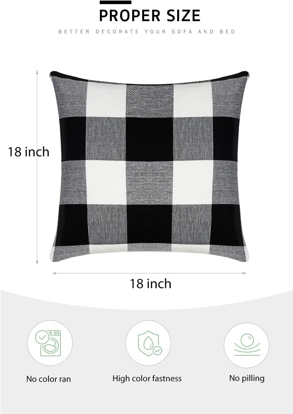 Set of 2 Buffalo Check Throw Pillow Covers Outdoor Plaid Square Pillow Cushion Case Black and White Polyester Linen for Christmas Thanksgiving Decor Car Bed Sofa, 18 x 18 inches - Image 2