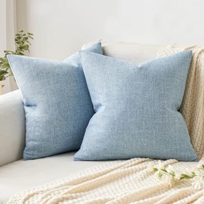Pack of 2 Decorative Linen Burlap Coastal Pillow Covers  Boho Accent Pillowcases for Sofa Car Couch Bedroom Living Room Decor 18x18 Inch Light Blue