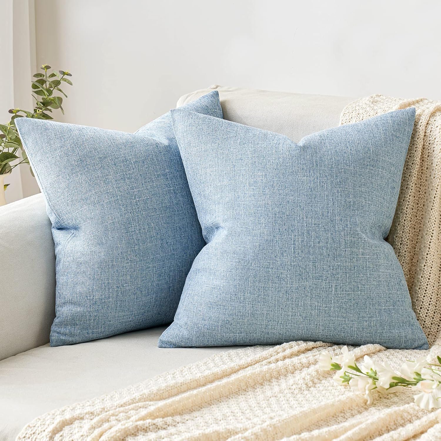 Pack of 2 Decorative Linen Burlap Coastal Pillow Covers Boho Accent Pillowcases for Sofa Car Couch Bedroom Living Room Decor 18x18 Inch Light Blue