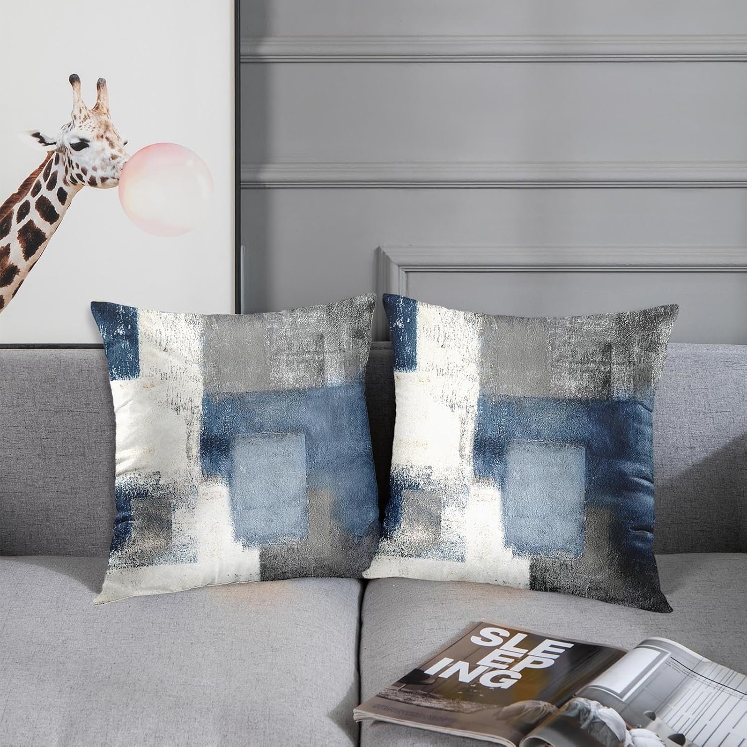Set of 2 Decorative Throw Pillow Covers Cases Blue and Grey Abstract Art Painting Modern Double Sided Home Square Decor Pillow Case Cover Cushion Sofa 18" X 18" Pillowcases - Image 2