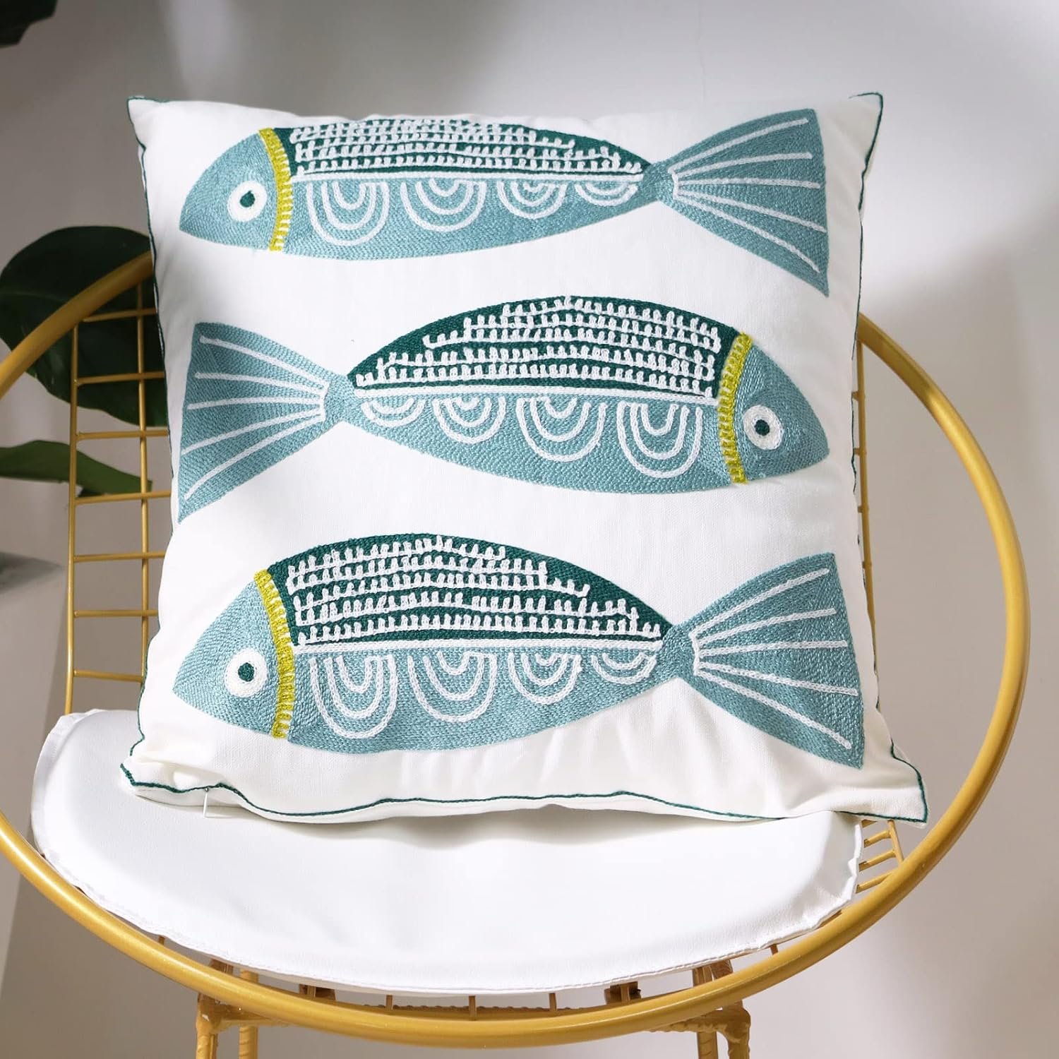 1 PCS Embroidered Throw Pillow Cover Cotton Decorative Square Cushion Cases for Home Sofa Bed and Chair 18 x 18 Inch (Blue Fish) - Image 2