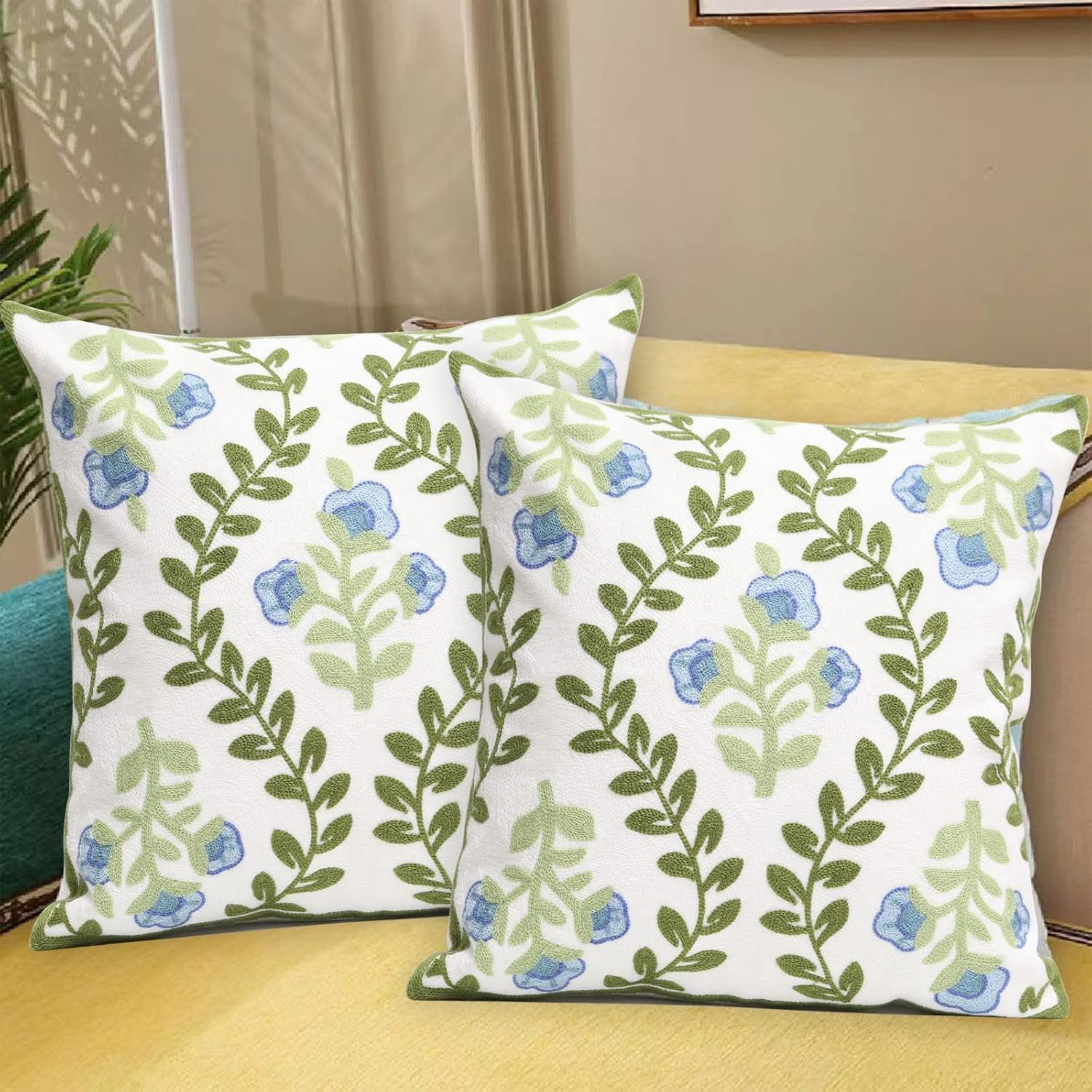 Set of 2 Embroidered Decorative Throw Pillow Covers Couch Square Pillowcases Cushion for Bedroom Sofa Decor 18x18 Inch (Blue Floral) - Image 2