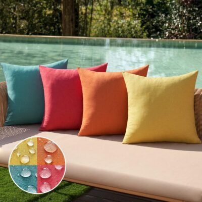 Pack of 4 Decorative Outdoor Throw Pillow Covers Linen Waterproof Pillow Covers Farmhouse Cushion Cases for Patio Garden Tent Balcony Couch Sofa18x18 inch Red/Turquoise