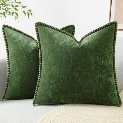 Chenille Soft Throw Pillow Covers 18x18 Set of 2,  Velvet Neutral Decorative Pillow Covers with Stitched Edge for Couch Sofa Bed Home  Forest Elf