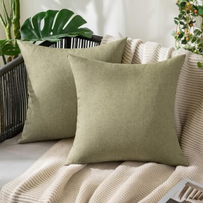 Pack of 2 Decorative Outdoor Solid Waterproof Throw Pillow Covers Faux Linen Garden Farmhouse Cushion Cases for Patio Tent Balcony Couch Sofa 18x18 Inch Light Olive Green