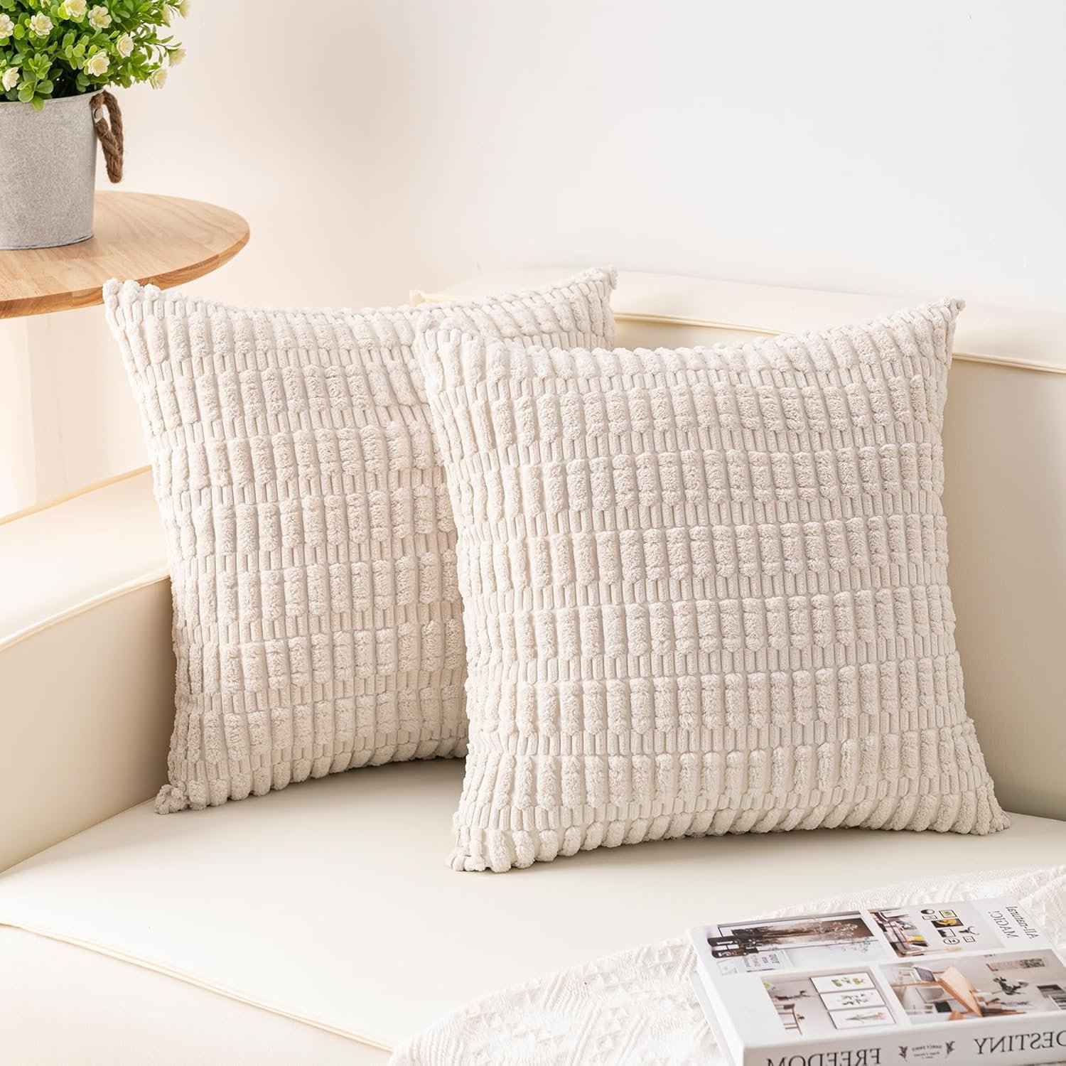 Pack of 2 Corduroy Decorative Throw Pillow Covers 18x18 InchSoft Boho Striped Pillow Covers Modern Home Decor for Sofa Living Room Couch Bed(Cream White)