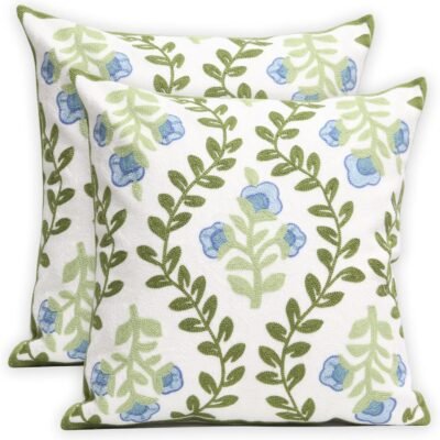Set of 2 Embroidered Decorative Throw Pillow Covers Couch Square Pillowcases Cushion for Bedroom Sofa  Decor 18x18 Inch (Blue Floral)