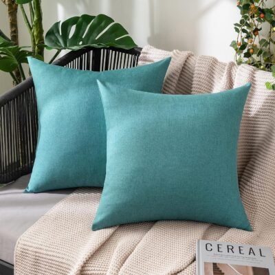 Pack of 2 Decorative Outdoor Solid Waterproof Throw Pillow Covers Faux Linen Garden Farmhouse Coastal Cushion Cases for Summer Patio Tent Balcony Couch Sofa 18x18 Inch Turquoise