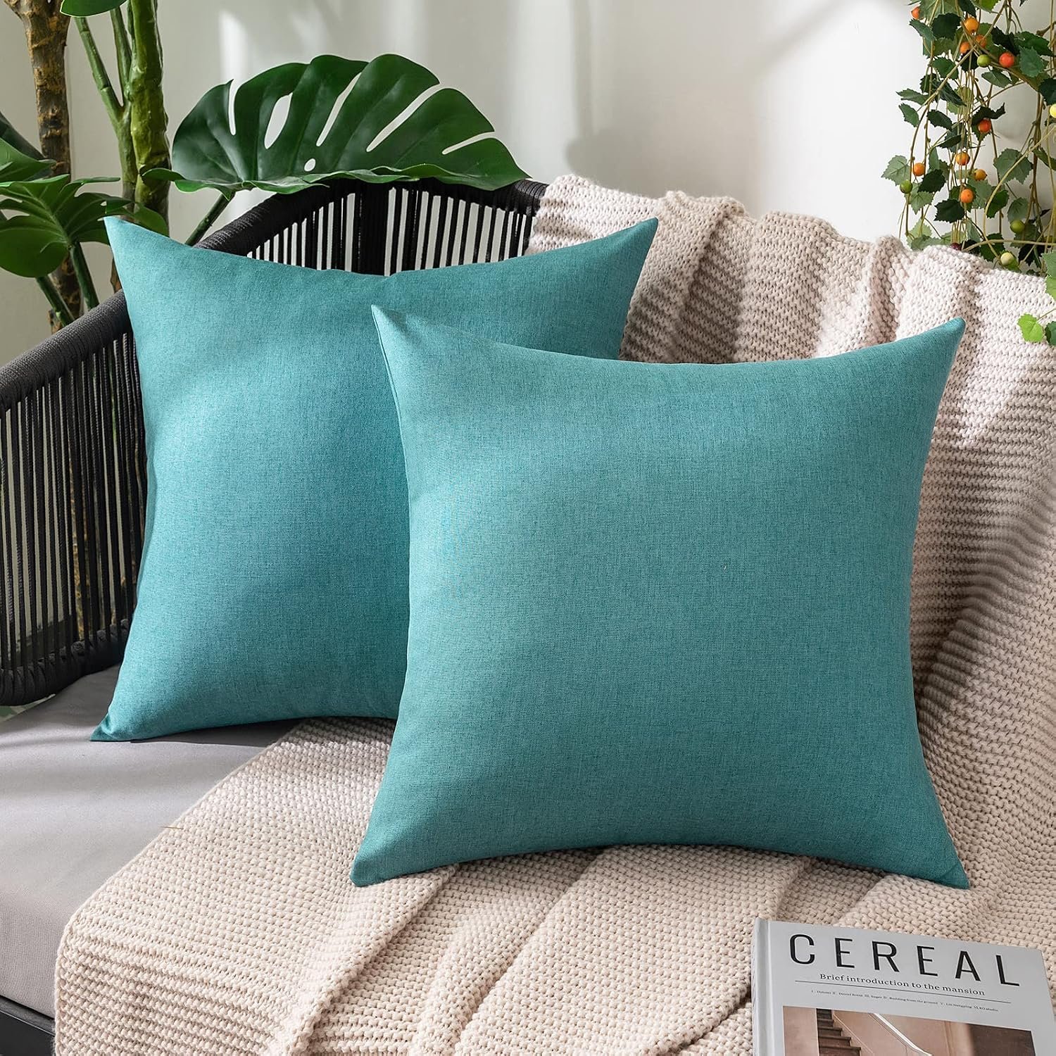 Pack of 2 Decorative Outdoor Solid Waterproof Throw Pillow Covers Faux Linen Garden Farmhouse Coastal Cushion Cases for Summer Patio Tent Balcony Couch Sofa 18x18 Inch Turquoise