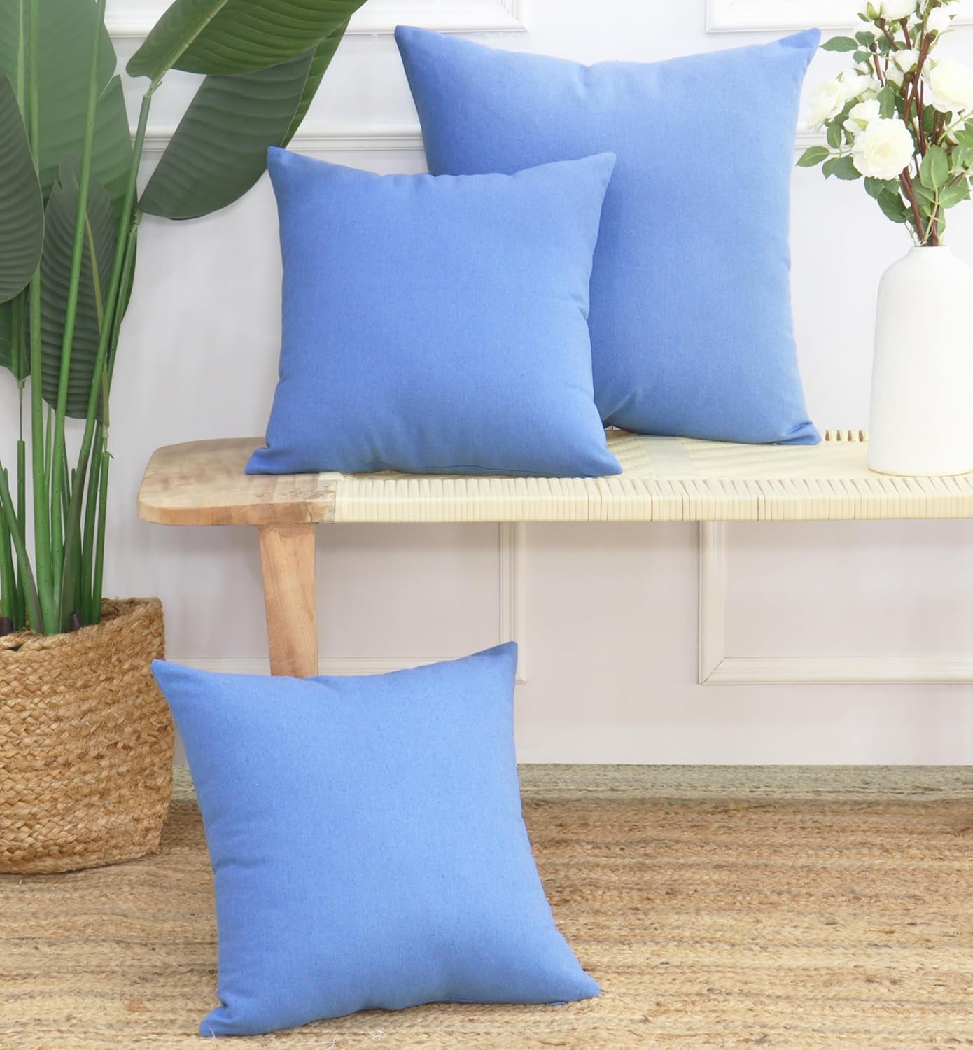 Pack of 2 Cotton Pillow Covers Decorative Square Throw Pillowcase Soft Solid Cushion Case for Spring Summer Easter Sofa Bedroom Car - 18x18 Inch - Light Blue - Image 2