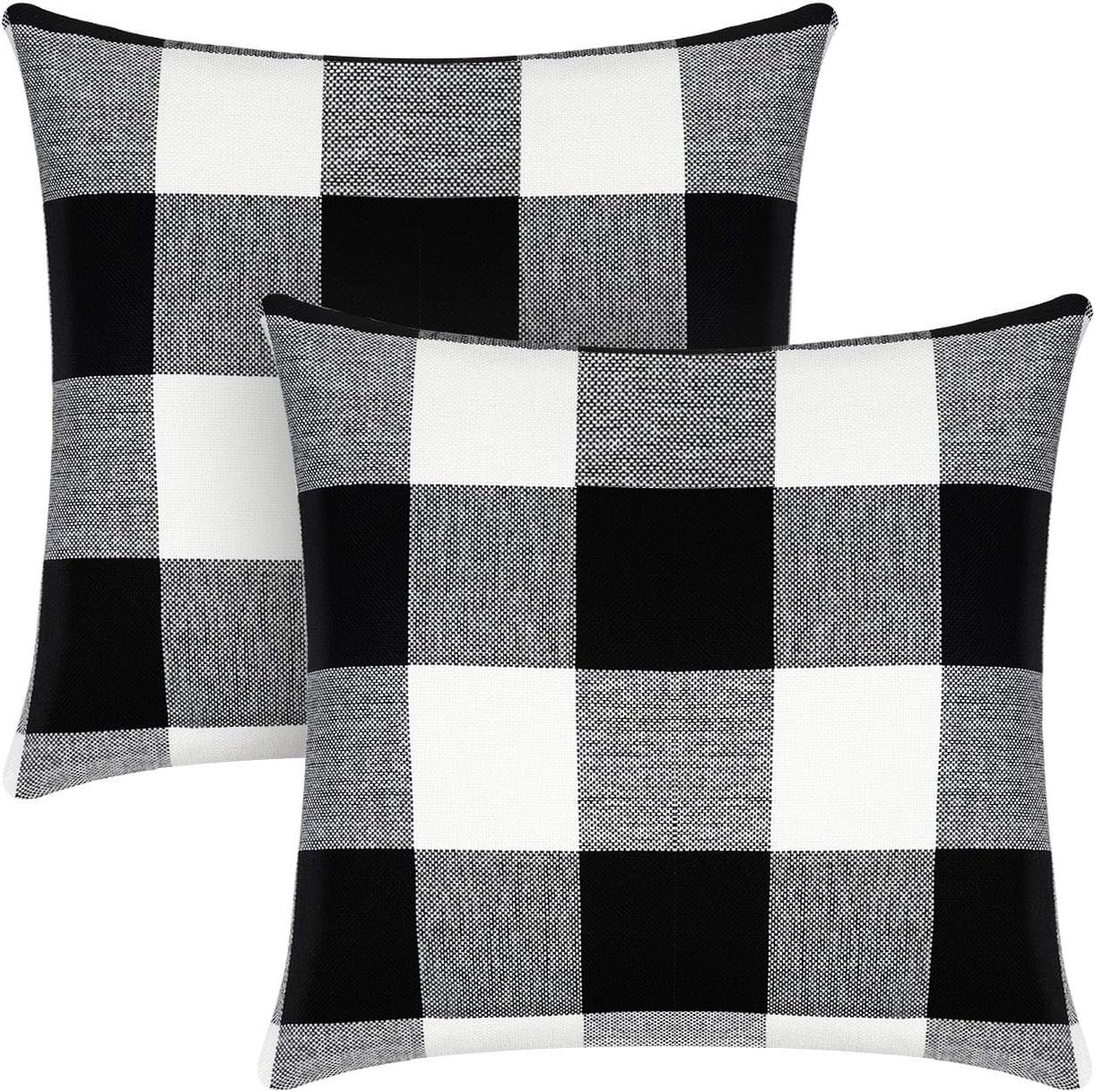 Set of 2 Buffalo Check Throw Pillow Covers Outdoor Plaid Square Pillow Cushion Case Black and White Polyester Linen for Christmas Thanksgiving Decor Car Bed Sofa, 18 x 18 inches