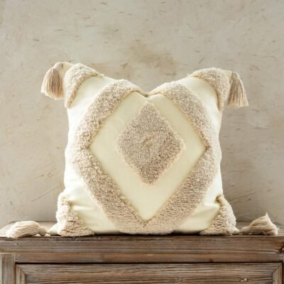 Woven Tufted Boho Throw Pillow Cover, Modern Decorative Geometric Diamond Chevron Square Cushion with Tassels,  Tribal Pillowcases for Couch Sofa Bedroom Living Room, 18 x 18 Inches, Ivory