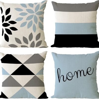 Set of 4 Geometric Decorative Throw Pillow Covers Cotton Linen Square Cushion Covers Outdoor Couch Sofa Home Pillow Cases 12x12 Inch