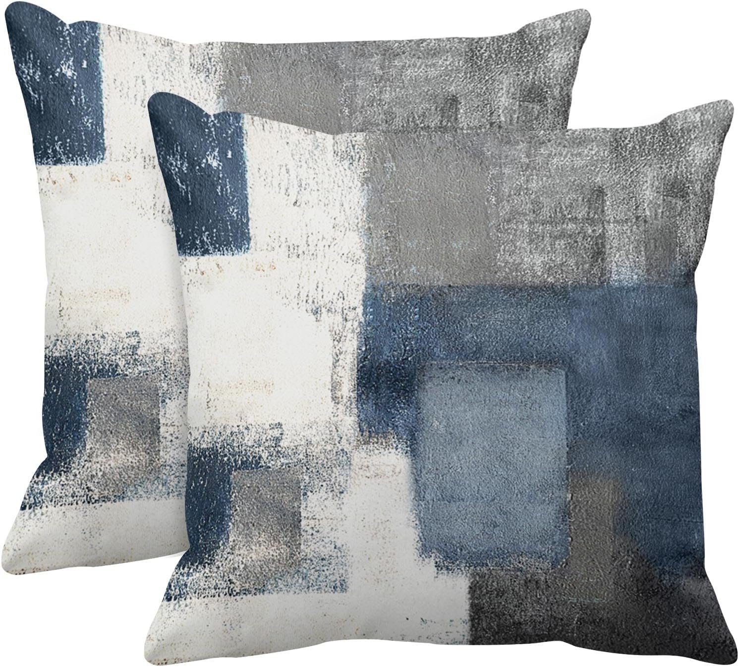 Set of 2 Decorative Throw Pillow Covers Cases Blue and Grey Abstract Art Painting Modern Double Sided Home Square Decor Pillow Case Cover Cushion Sofa 18" X 18" Pillowcases