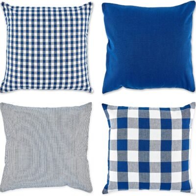 Decorative Square Throw Pillow Cover Collection Cotton, Machine Washable, Hidden Zipper, 18x18, Navy Assorted, 4 Piece