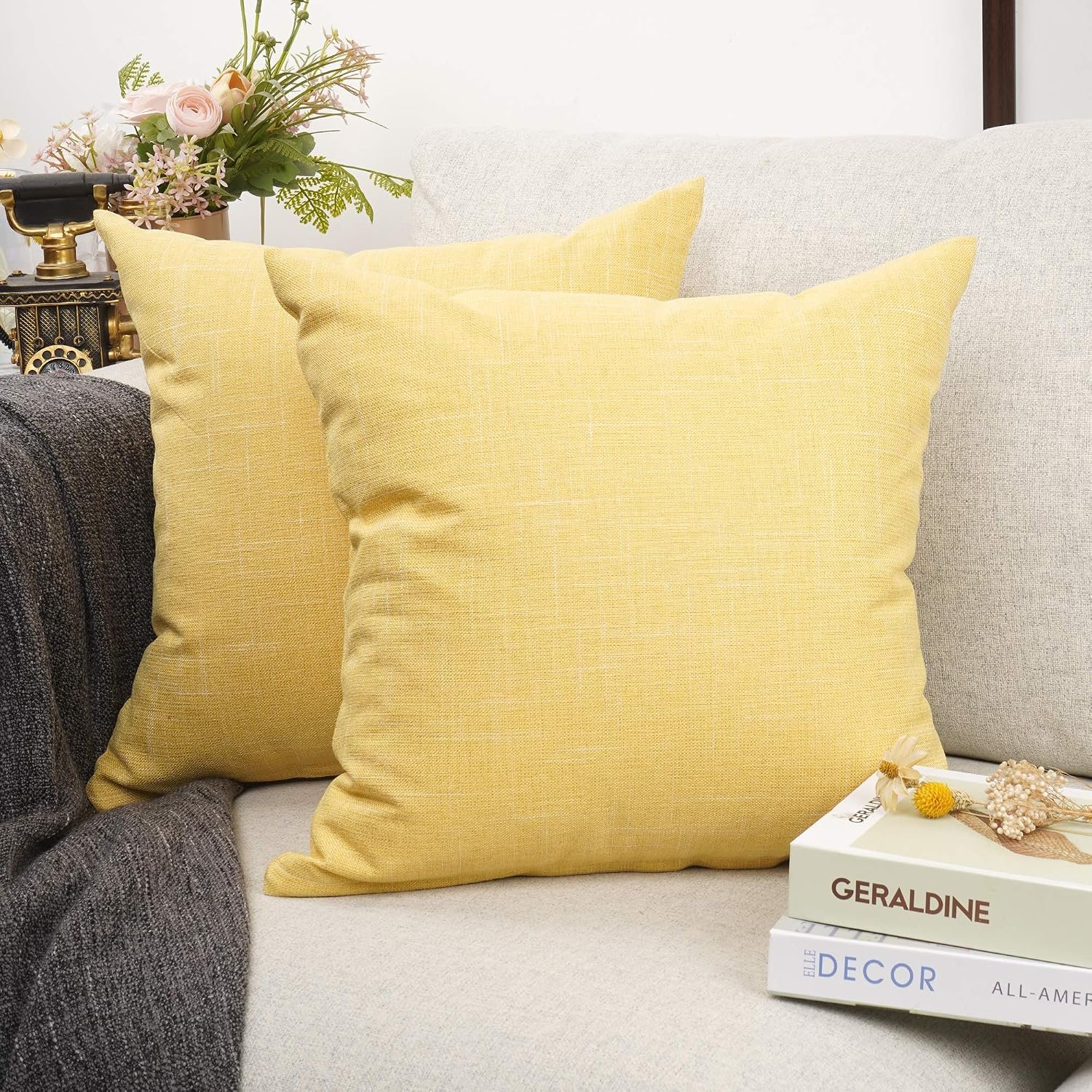 Solid Color Decorative Cotton Linen Throw Pillow Case Cushion Cover Pillowcase for Couch Sofa Bed,18 x 18 Inches (Yellow,Set of 2)