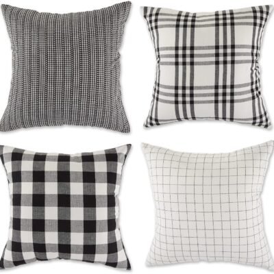 Decorative Square Throw Pillow Cushion Cover Set, Hidden Zipper, Cotton & Machine Washable, 18x18, Black , 4 Piece