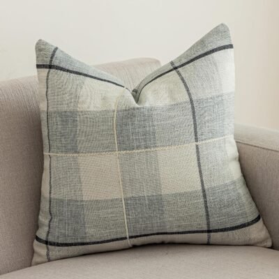 Rustic Lattice Cotton Linen Decorative Throw Pillow Cover Embroidery Square Cushion Cover Pillowcase for Sofa Bedroom Couch (Grey White Plaid, 18"x18")