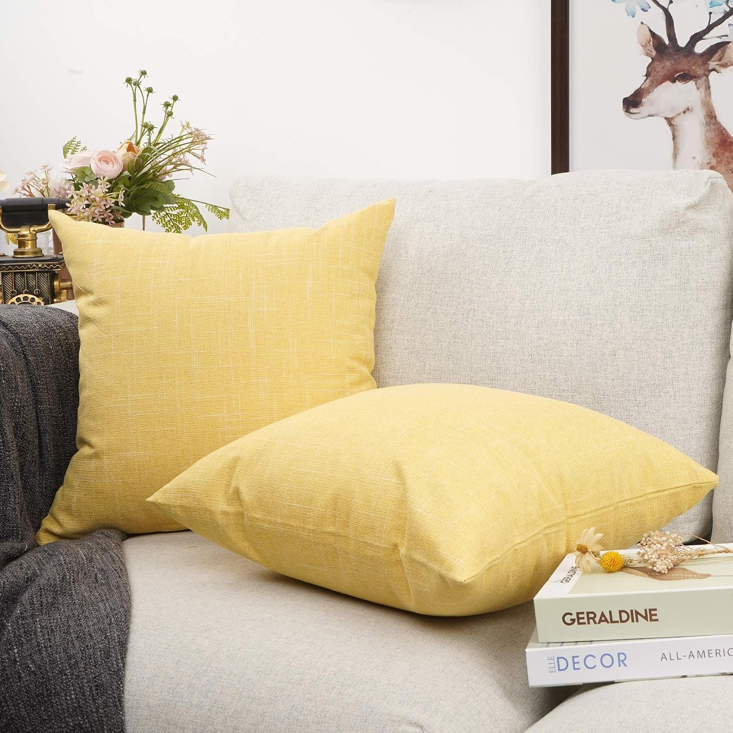 Solid Color Decorative Cotton Linen Throw Pillow Case Cushion Cover Pillowcase for Couch Sofa Bed,18 x 18 Inches (Yellow,Set of 2) - Image 2