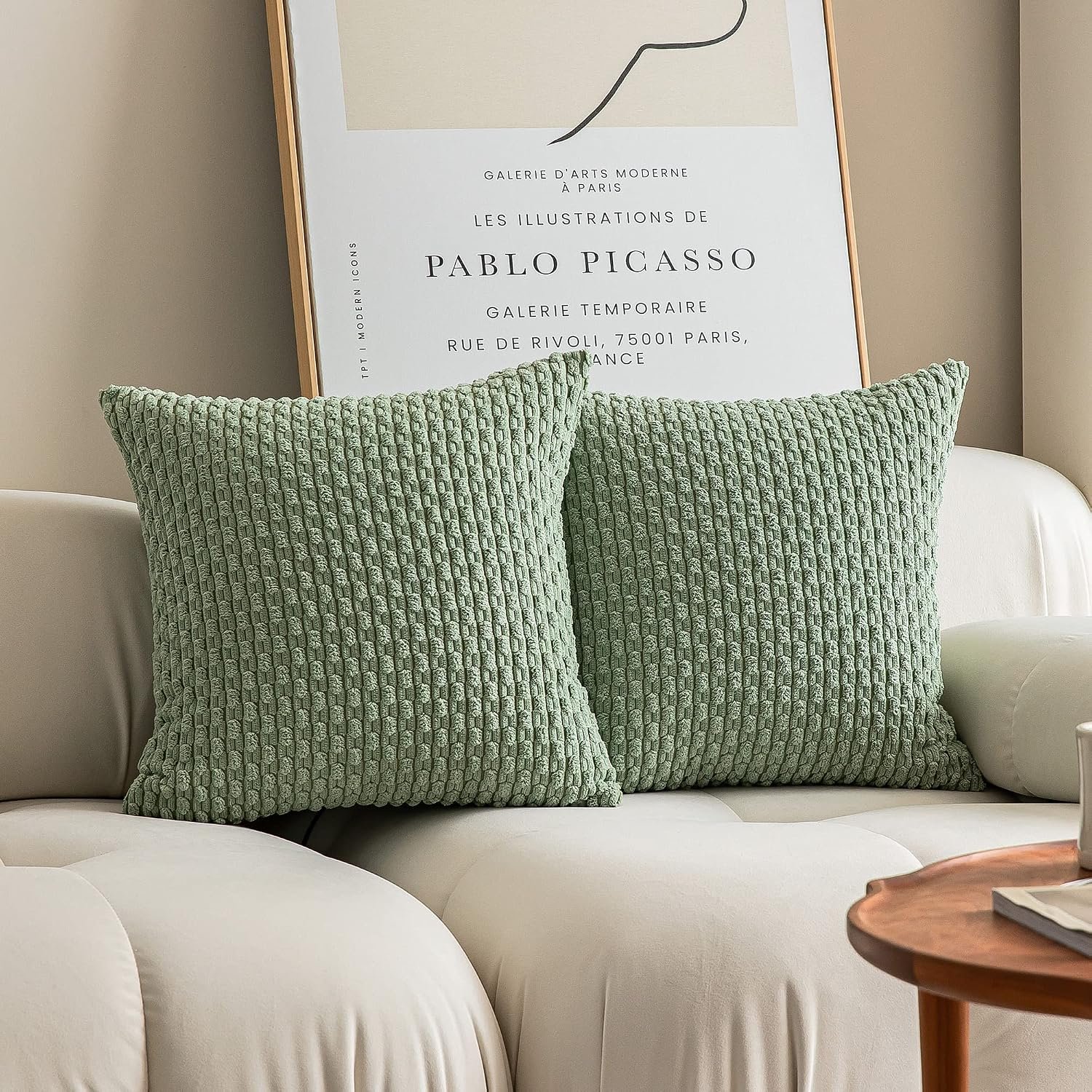 2 Packs Decorative Throw Pillow Covers 18x18 Inch for Living Room Couch Bed Spring Sofa Soft Striped Corduroy Square Cushion Case 45x45 cm Boho Home Decor Sage Green